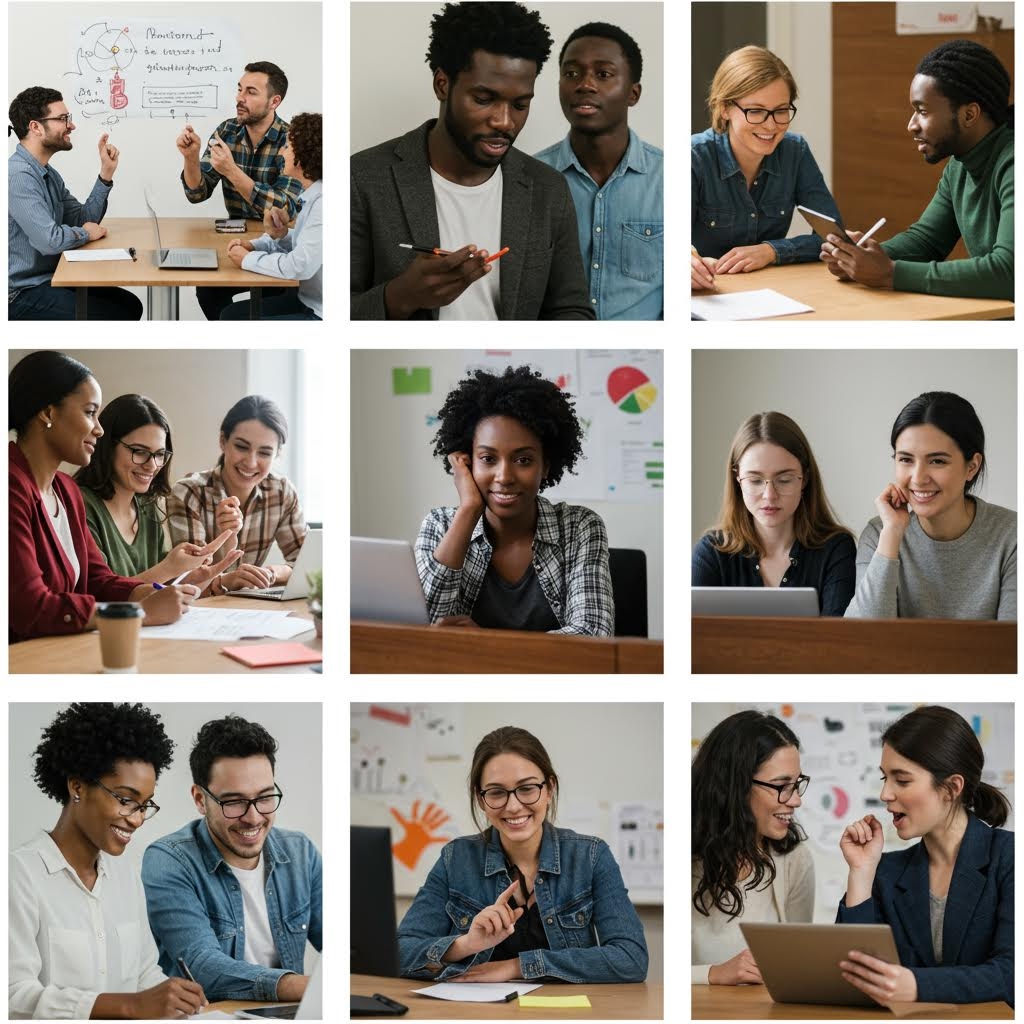 여러 장의 사진이 격자로 배열된 화면에서 다양한 배경의 사람들이 책상 앞에서 토론하거나 노트북을 사용하며 미소와 대화를 주고받는 순간들이 이어져 협업과 소통의 분위기가 자연스럽게 드러나는 구성