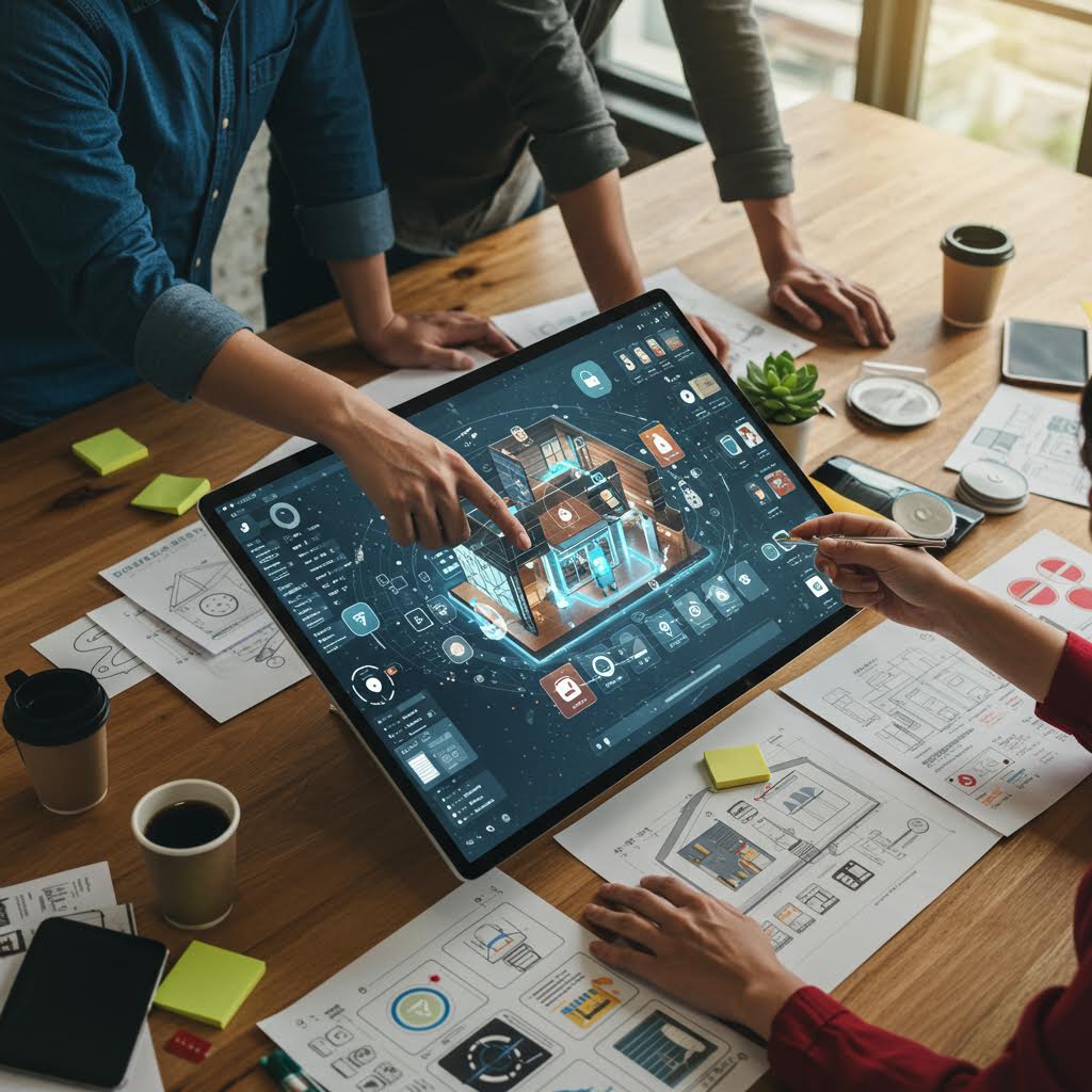 테이블 위 디지털 패널을 중심으로 사람들이 협업하며 보안 중심의 서비스 설계를 구체화하는 업무 회의의 순간