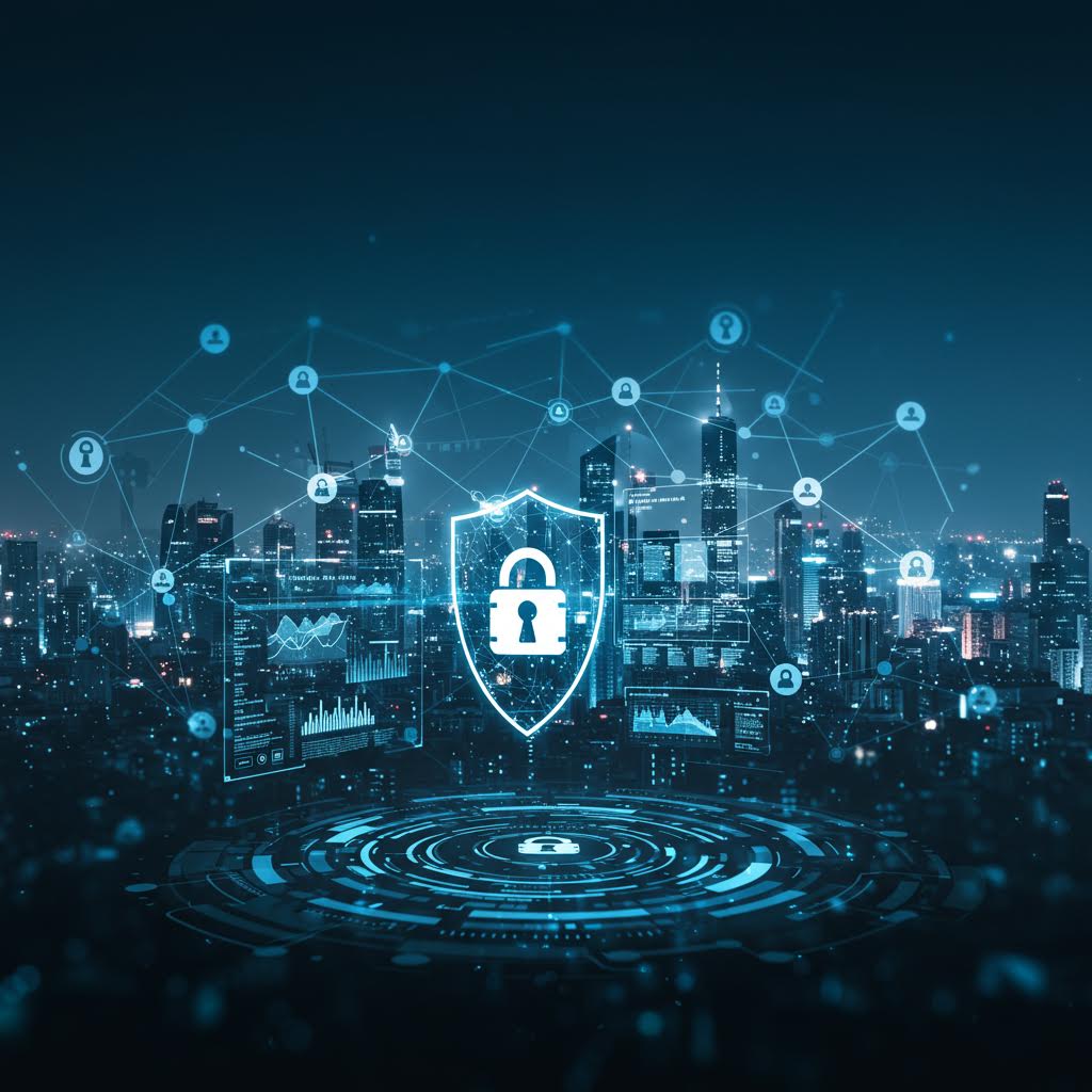 도시의 빛 위로 보안 자물쇠와 네트워크 아이콘이 떠오르며 디지털 영상 환경의 보호 체계를 상징하는 장면