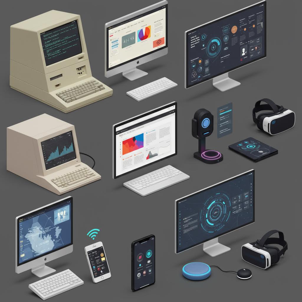 구형 컴퓨터에서 최신 VR과 스마트 기기로 이어지는 장치들이 개인 창작자의 지원 체계 발전을 드러내는 흐름