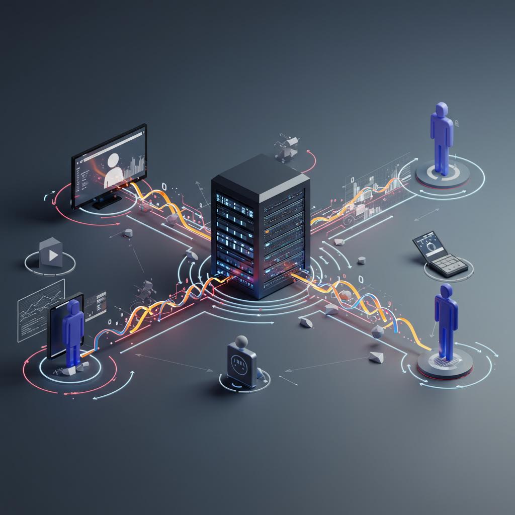 서버와 사람, 디지털 장치가 선으로 연결되어 안전한 통신 네트워크가 구축되는 데이터 보안 구조의 시각적 장면