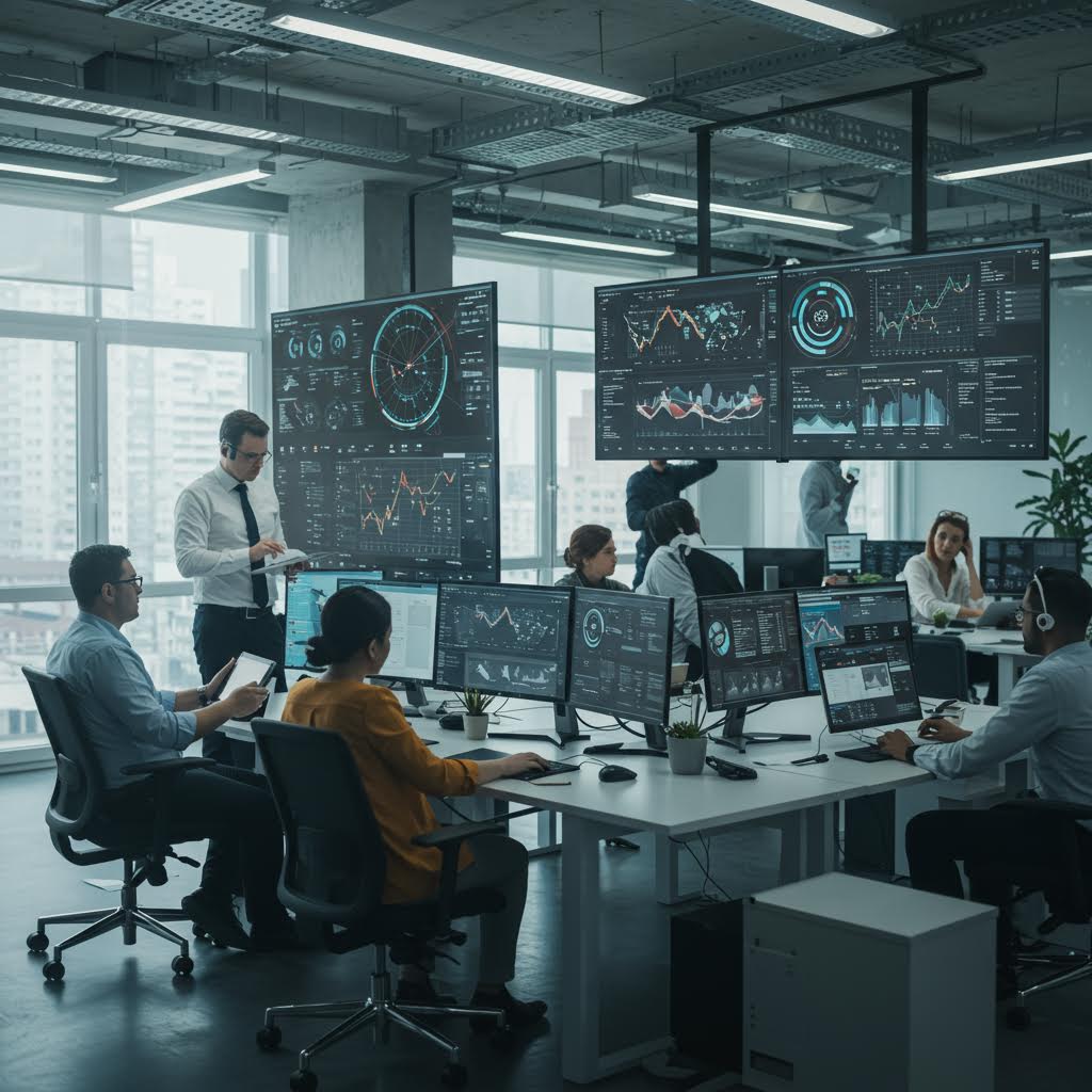 밝은 사무공간에서 팀원들이 모니터를 통해 실시간 데이터를 검토하며 운영 체계를 조율하는 협업 풍경