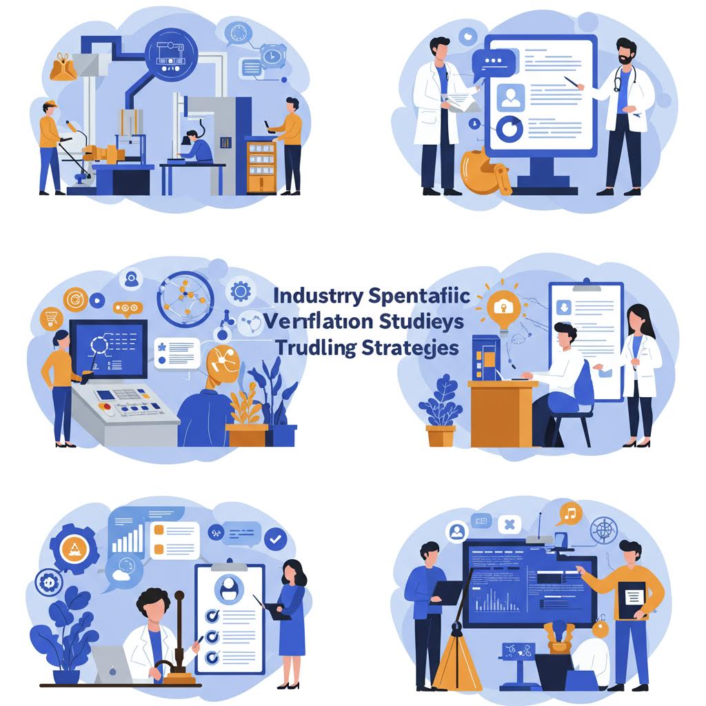6개의 파란색 일러스트로 구성된 그리드. 'Industry Speciffic Verification Studies vetting Startegigi' 텍스트가 포함된 이미지를 중심으로, 사람들이 문서 작업, 프레젠테이션, 데이터 분석 등을 하는 비즈니스 장면들이 담겨 있다.
