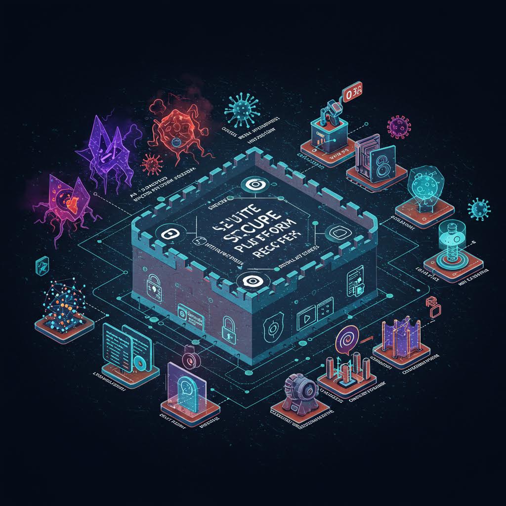 어두운 배경에 3D 아이소메트릭으로 표현된 디지털 플랫폼. 중앙의 큐브형 구조물 주위로 다양한 네온 색상의 아이콘들과 건물 모양들이 연결되어 있어 디지털 생태계를 시각화하고 있다.