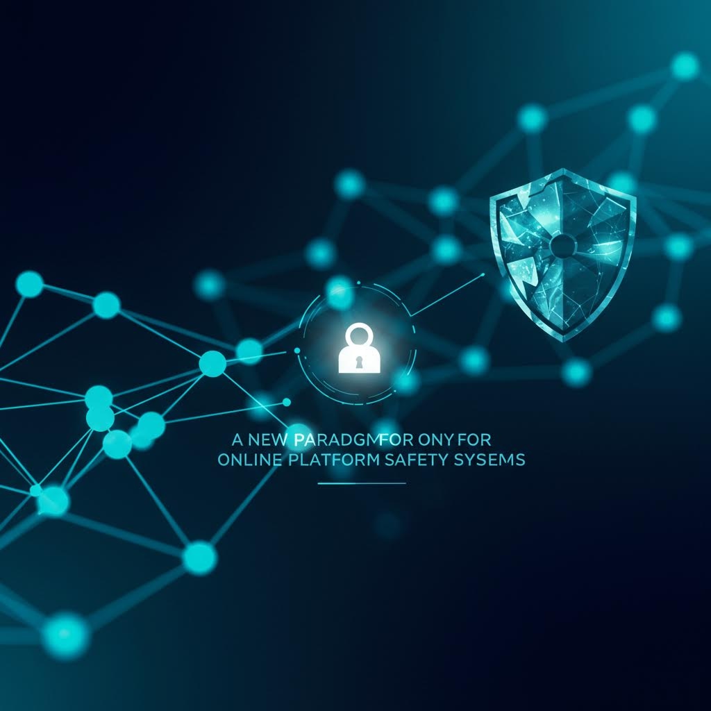 자물쇠와 방패 아이콘이 푸른 네트워크 선과 겹쳐 온라인 안전 체계의 핵심 요소를 상징적으로 나타낸 장면