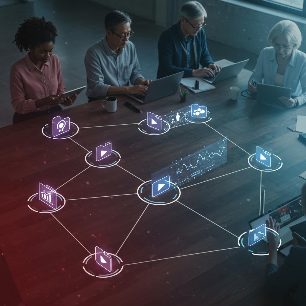 회의 테이블 위로 영상 아이콘들이 선으로 연결되고 참가자들의 시선이 데이터 흐름과 함께 배열되는 협업 장면