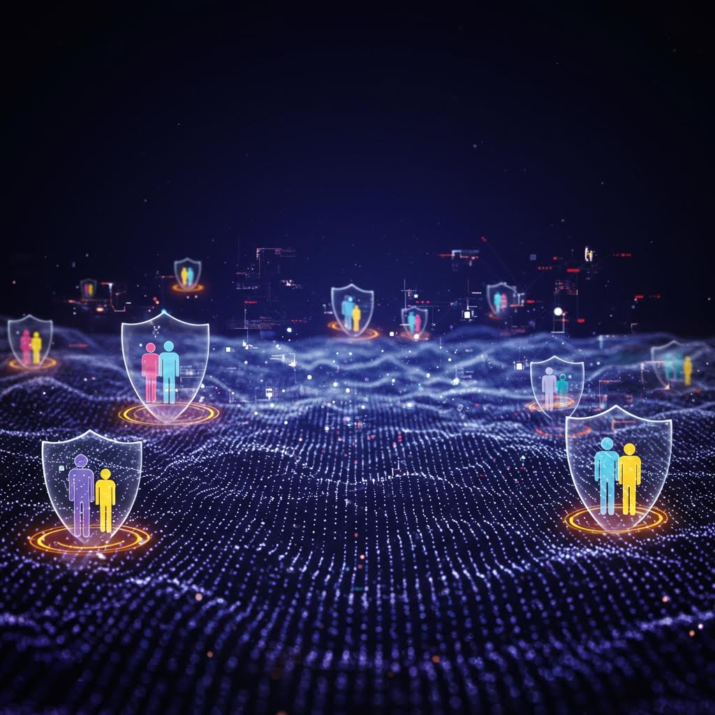 가상 보호막 안에 인물들이 배치되어 넓은 디지털 지형 위에서 서로 다른 영역이 구획되는 안전 구조의 풍경