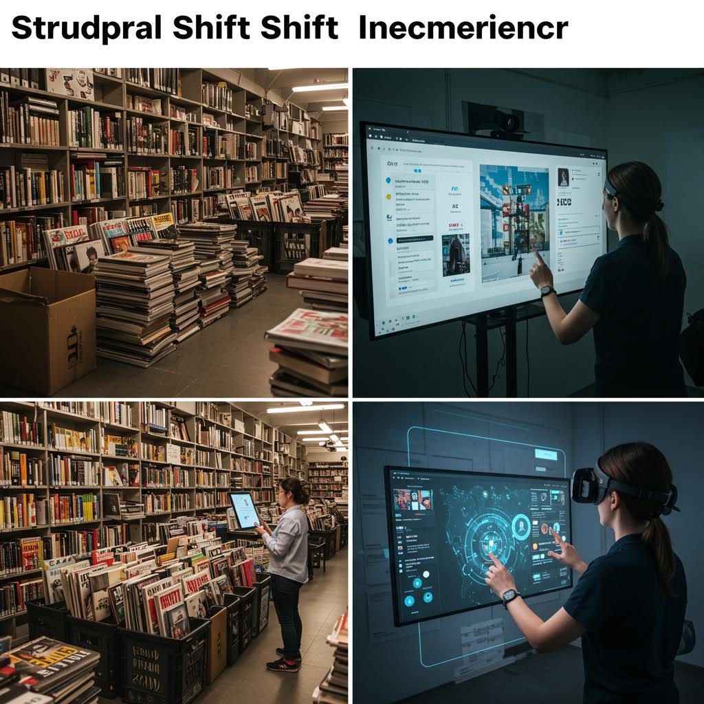 도서관 서가와 터치 스크린 장비가 대비되며 전통적 지식 공간과 기술 기반 검색 방식이 공존하는 학습 환경의 모습