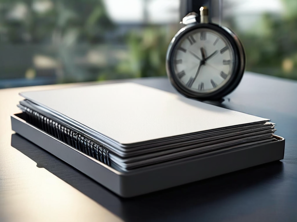 Stack of blank tab dividers with a clock icon on a metal tray, shallow focus, morning light.