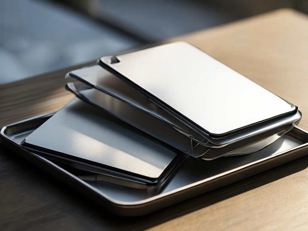 Blank divider cards in a metal storage tray on a brushed surface, angled morning light, metaphor for organized bookmarks.