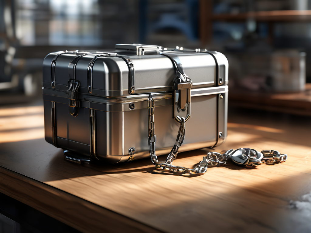 Metal chain linking small file blocks beside a sealed storage case on a brushed metal surface.