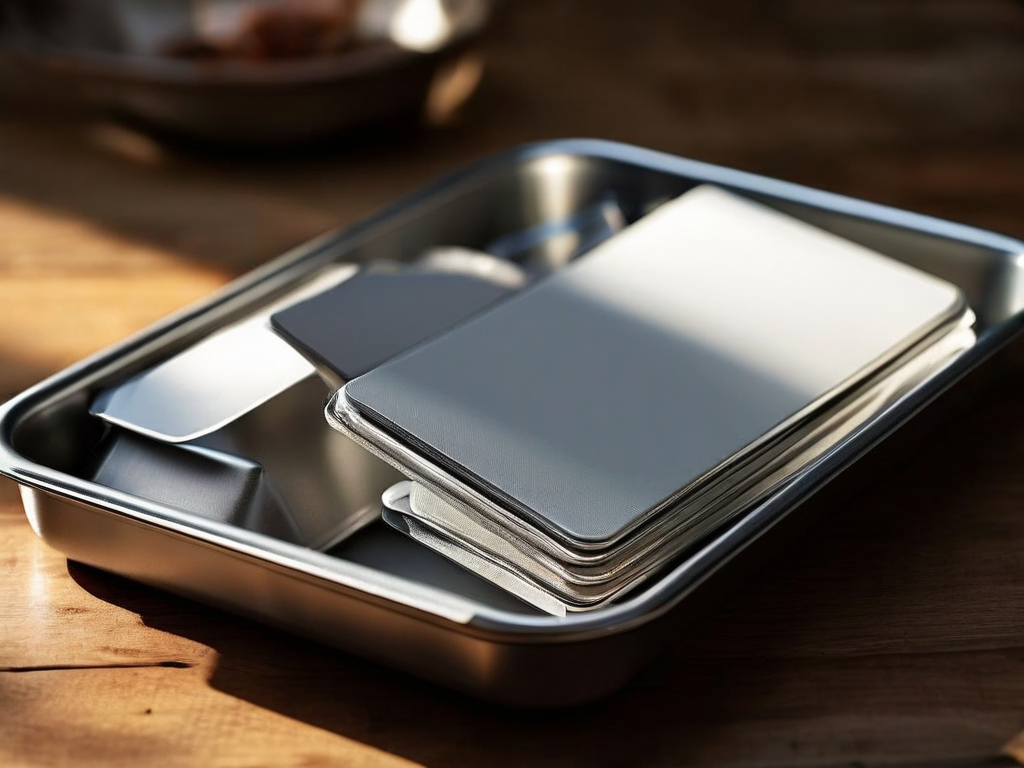 Compact storage tray with blank divider cards and older reference sleeves on brushed metal surface, morning light.