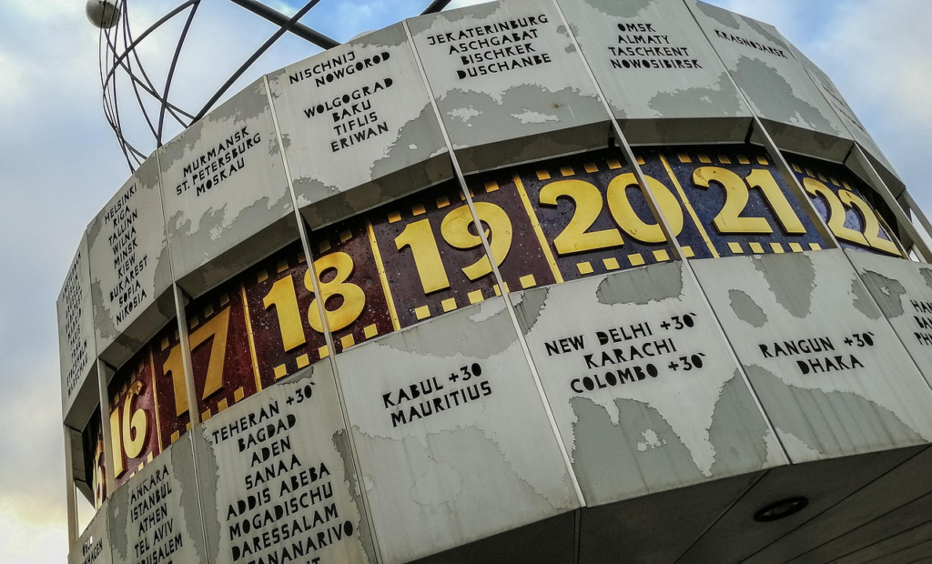 World clock displaying multiple international time zones for accurate event scheduling.