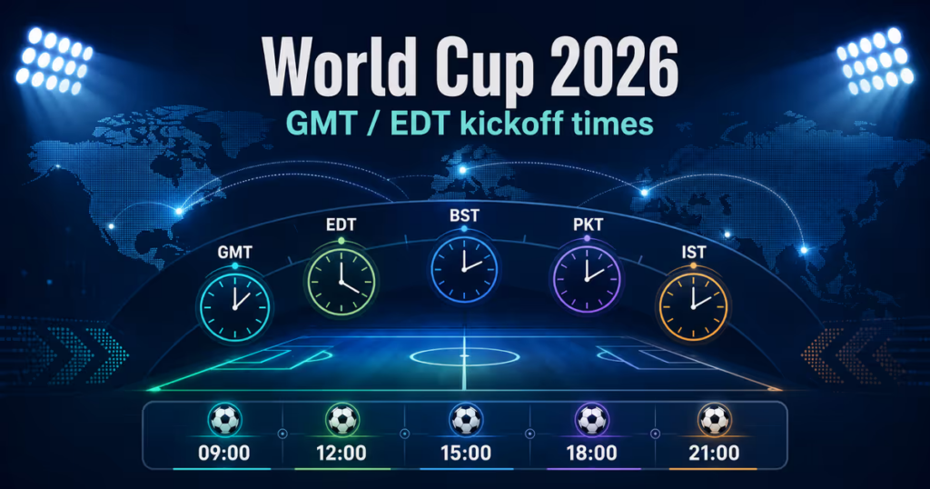 Football match kickoff times displayed across multiple time zones for international viewers.